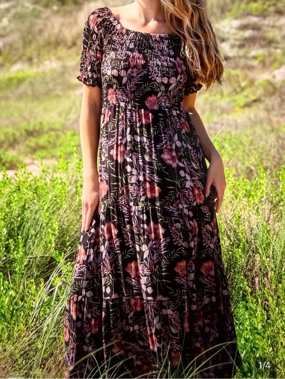 Natural Life Floral Smocked Maxi Dress 
XS/S Boho Cottagecore Rayon Tiered Maxi